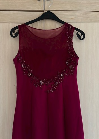 Bordo Nakışlı Uzun Abiye Elbise - Görsel 8