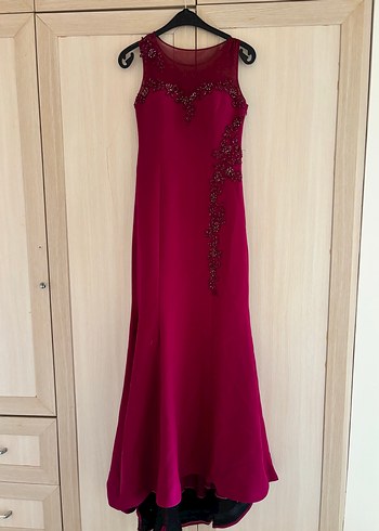 Bordo Nakışlı Uzun Abiye Elbise - Görsel 4