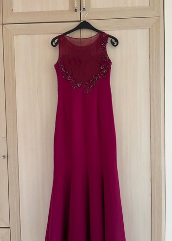 Bordo Nakışlı Uzun Abiye Elbise - Görsel 9