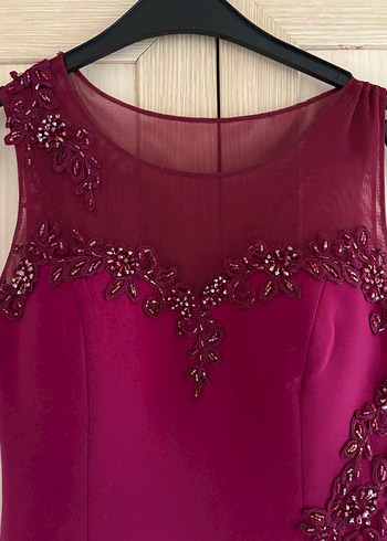 Bordo Nakışlı Uzun Abiye Elbise - Görsel 7