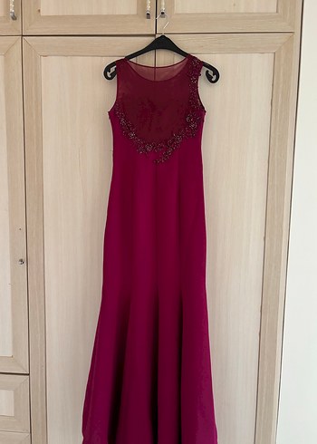Bordo Nakışlı Uzun Abiye Elbise - Görsel 11