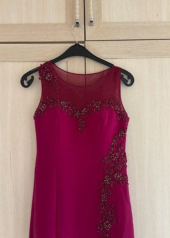 Bordo Nakışlı Uzun Abiye Elbise - Görsel 3