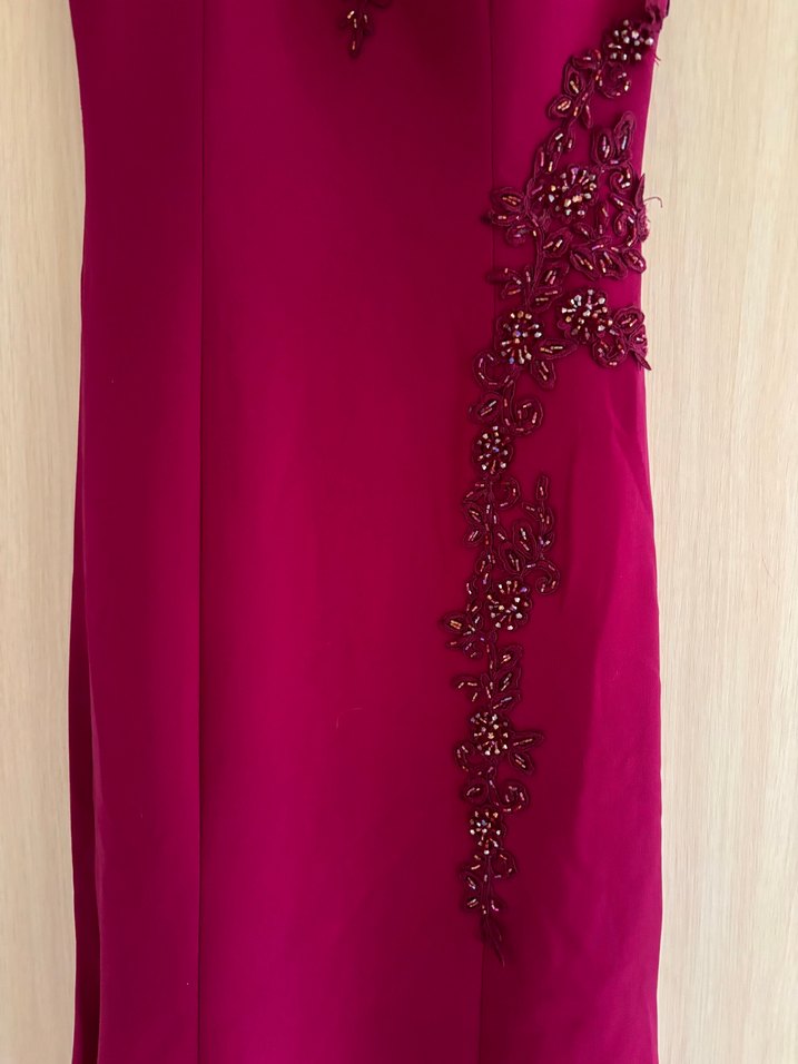 Bordo Nakışlı Uzun Abiye Elbise - Görsel 5