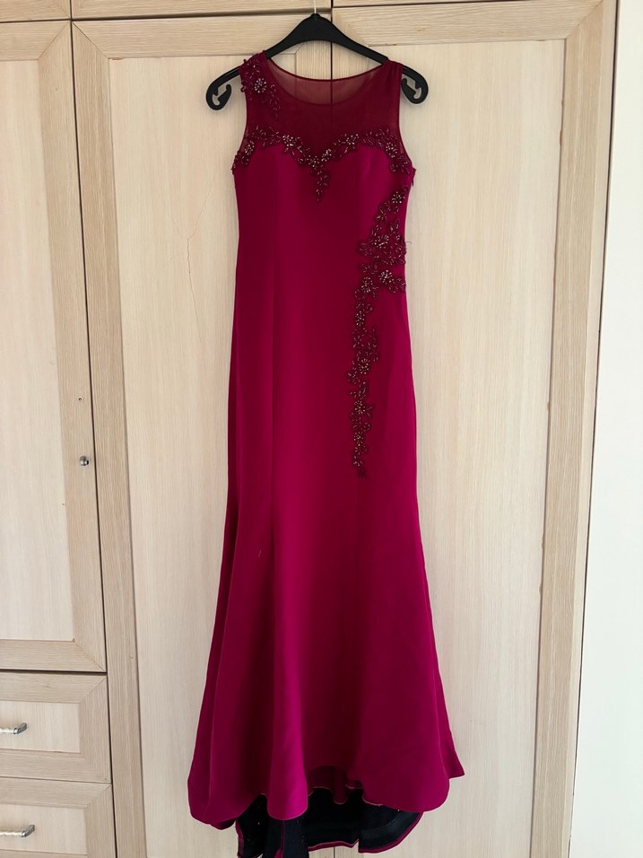 Bordo Nakışlı Uzun Abiye Elbise - Görsel 4