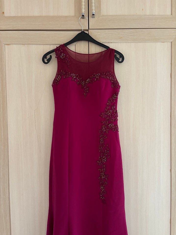 Bordo Nakışlı Uzun Abiye Elbise - Görsel 2