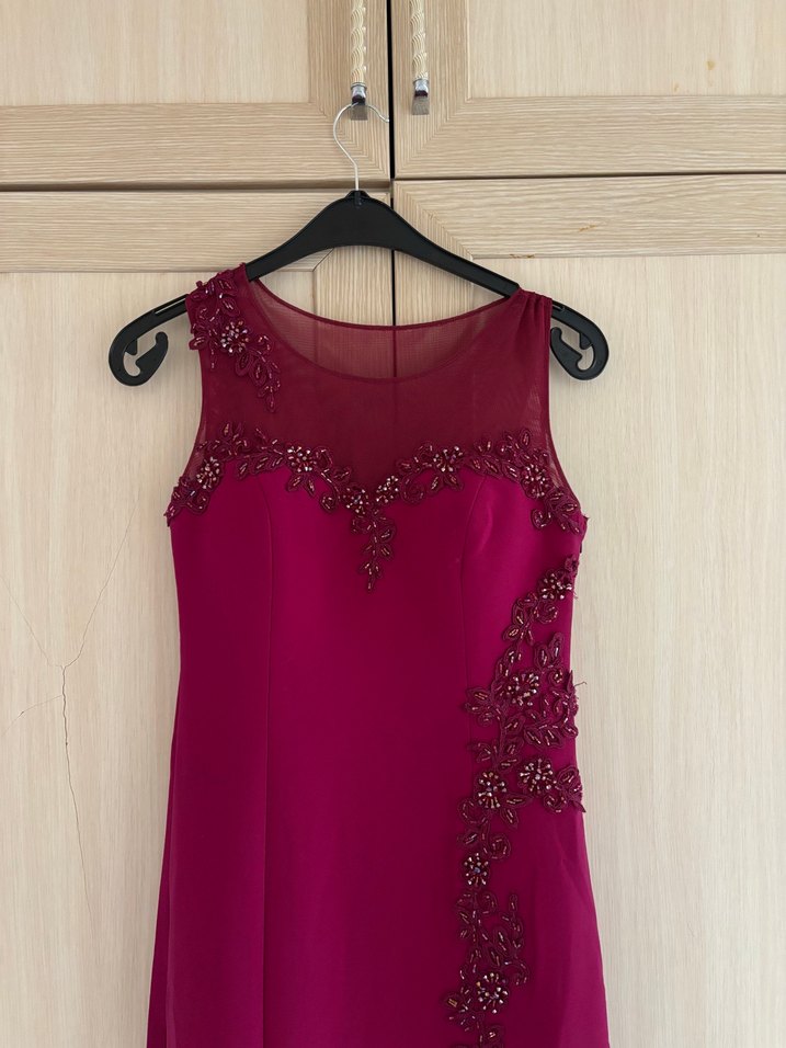 Bordo Nakışlı Uzun Abiye Elbise - Görsel 3