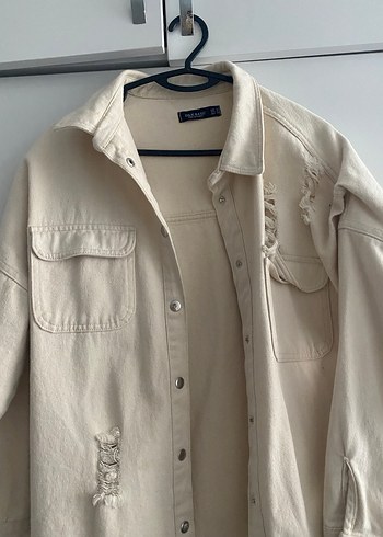 Bej Düğmeli Uzun Kollu Kadın Keten Gömlek - Görsel 2
