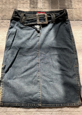 l Beden lacivert Renk Kadın Kemerli Midi Denim Etek