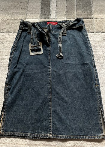 Kadın Kemerli Midi Denim Etek