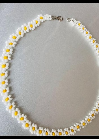 Beyaz Boncuklu Papatya Desenli Midi Kolye Papatya - Görsel 3