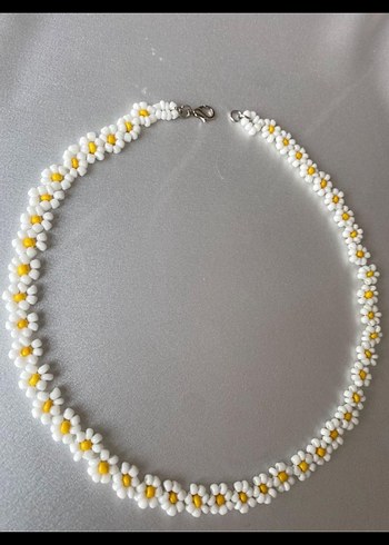 Beyaz Boncuklu Papatya Desenli Midi Kolye Papatya - Görsel 2