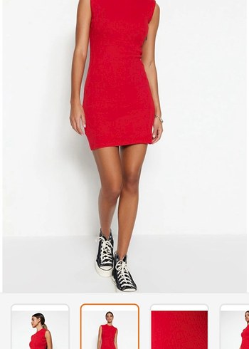 Kırmızı Bisiklet Yaka Fitilli Elbise - Görsel 2