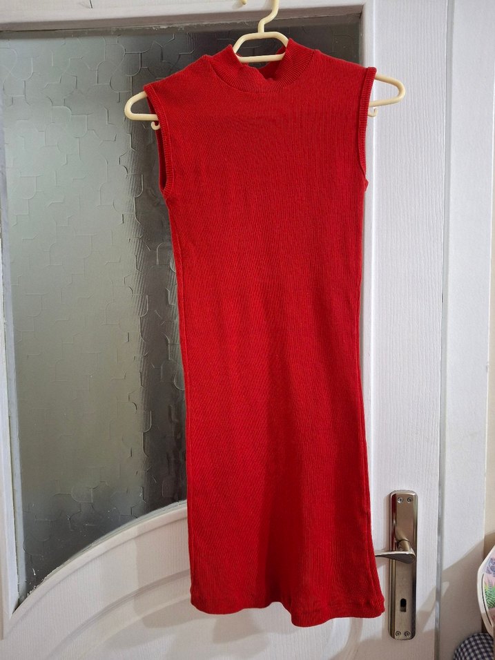 Kırmızı Bisiklet Yaka Fitilli Elbise - Görsel 3