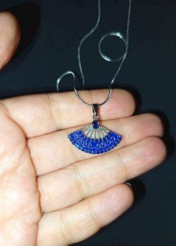 Boncuk İşlemeli Mavi Yelpaze Kolye - Görsel 6