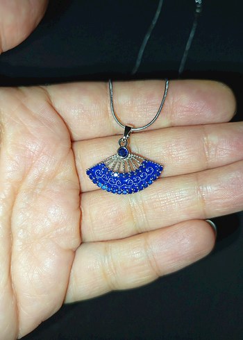 Boncuk İşlemeli Mavi Yelpaze Kolye - Görsel 2