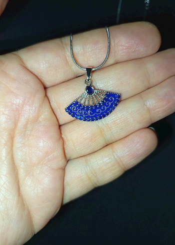 Boncuk İşlemeli Mavi Yelpaze Kolye - Görsel 5