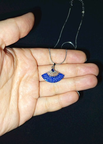 Boncuk İşlemeli Mavi Yelpaze Kolye - Görsel 4