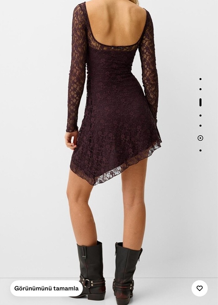 Bershka dantelli bordo elbise - Görsel 3