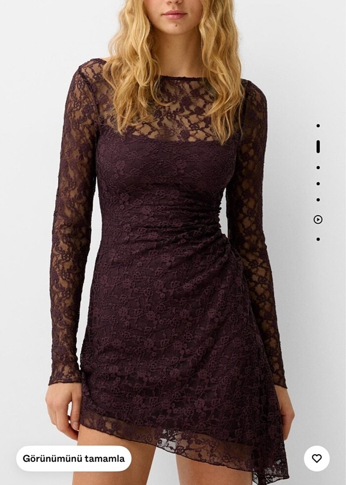 Bershka dantelli bordo elbise - Görsel 2