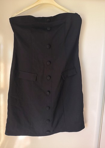 Düğmeli Siyah Mini elbise straplez - Görsel 2