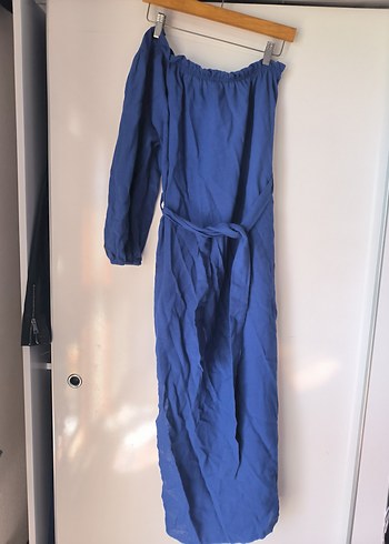 Mavi Uzun Keten tek kollu elbise - Görsel 2