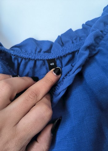 Mavi Uzun Keten tek kollu elbise - Görsel 6