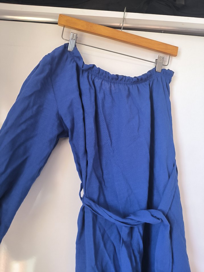 Mavi Uzun Keten tek kollu elbise - Görsel 4