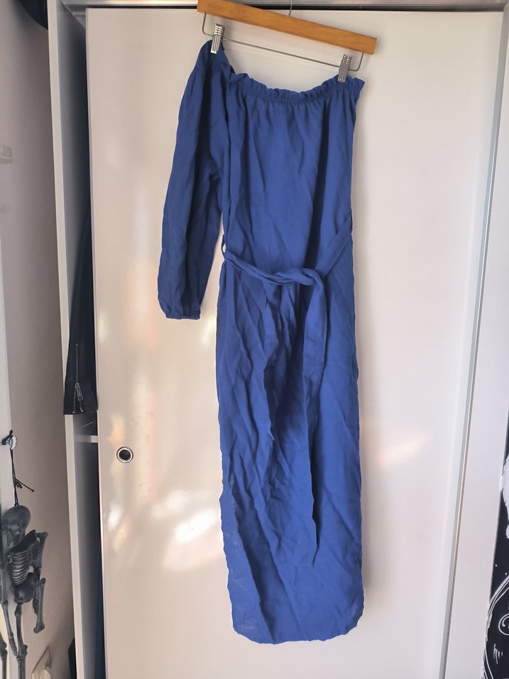 Mavi Uzun Keten tek kollu elbise - Görsel 3