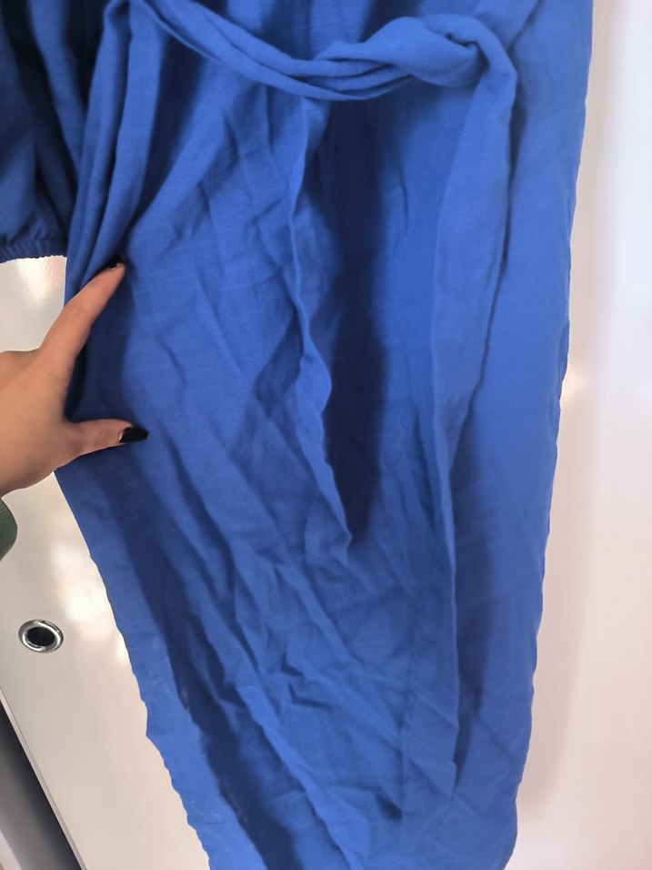 Mavi Uzun Keten tek kollu elbise - Görsel 5