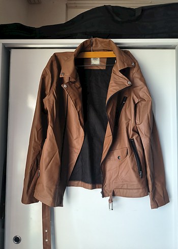 Kahverengi / taba Kemerli Biker Deri Ceket - Görsel 5