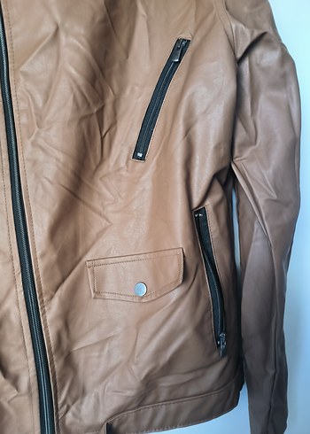 Kahverengi / taba Kemerli Biker Deri Ceket - Görsel 4