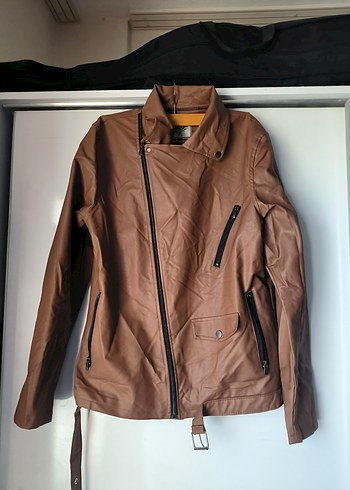 Kahverengi / taba Kemerli Biker Deri Ceket - Görsel 2