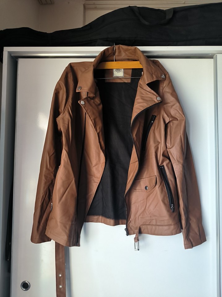 Kahverengi / taba Kemerli Biker Deri Ceket - Görsel 5