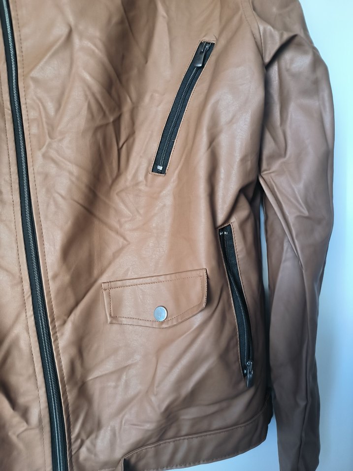 Kahverengi / taba Kemerli Biker Deri Ceket - Görsel 4