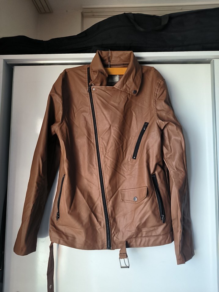 Kahverengi / taba Kemerli Biker Deri Ceket - Görsel 2