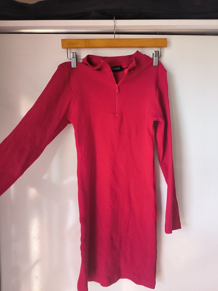 Kırmızı Fermuarlı Uzun Kollu Triko Elbise - Görsel 2