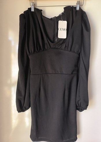 balon Kollu Siyah Midi V-Yaka Elbise - Görsel 2