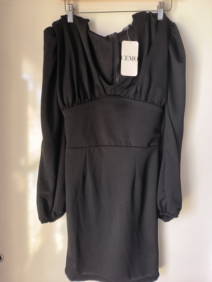 balon Kollu Siyah Midi V-Yaka Elbise - Görsel 2