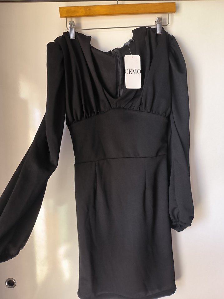 balon Kollu Siyah Midi V-Yaka Elbise - Görsel 3