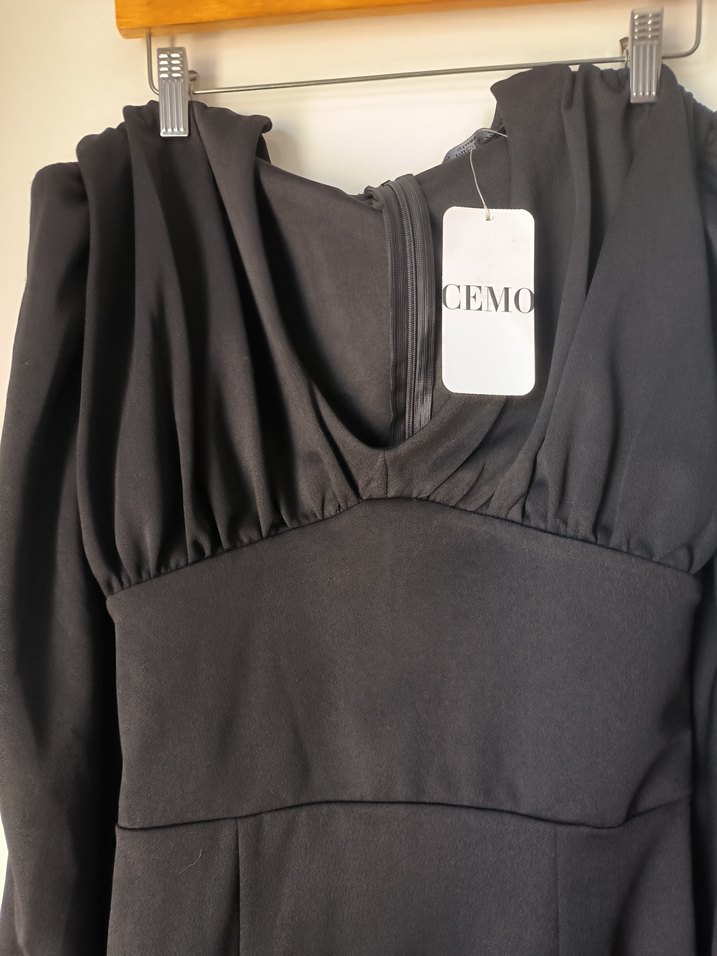 balon Kollu Siyah Midi V-Yaka Elbise - Görsel 4