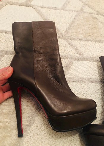 Kahverengi Deri Platform Topuklu Kadın Çizme - Görsel 2