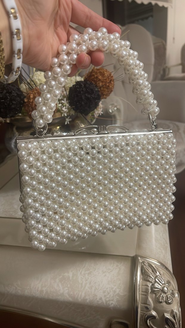 İnci İşlemeli Beyaz Örgü Kadın Çanta - Görsel 3