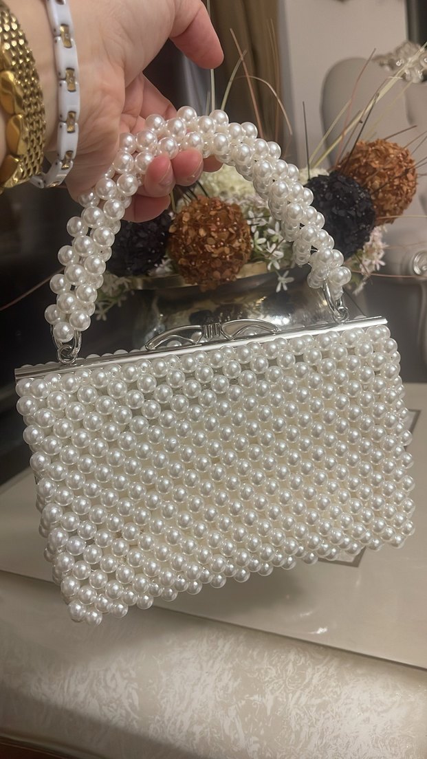 İnci İşlemeli Beyaz Örgü Kadın Çanta - Görsel 2