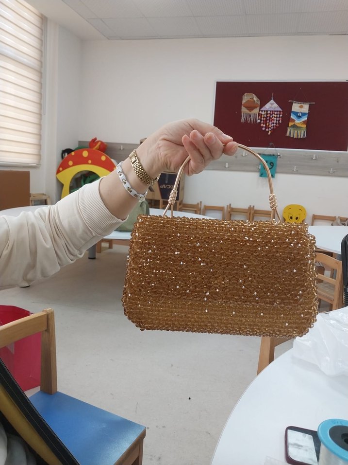 Bej Boncuk İşlemeli Kadın El Çantası - Görsel 2