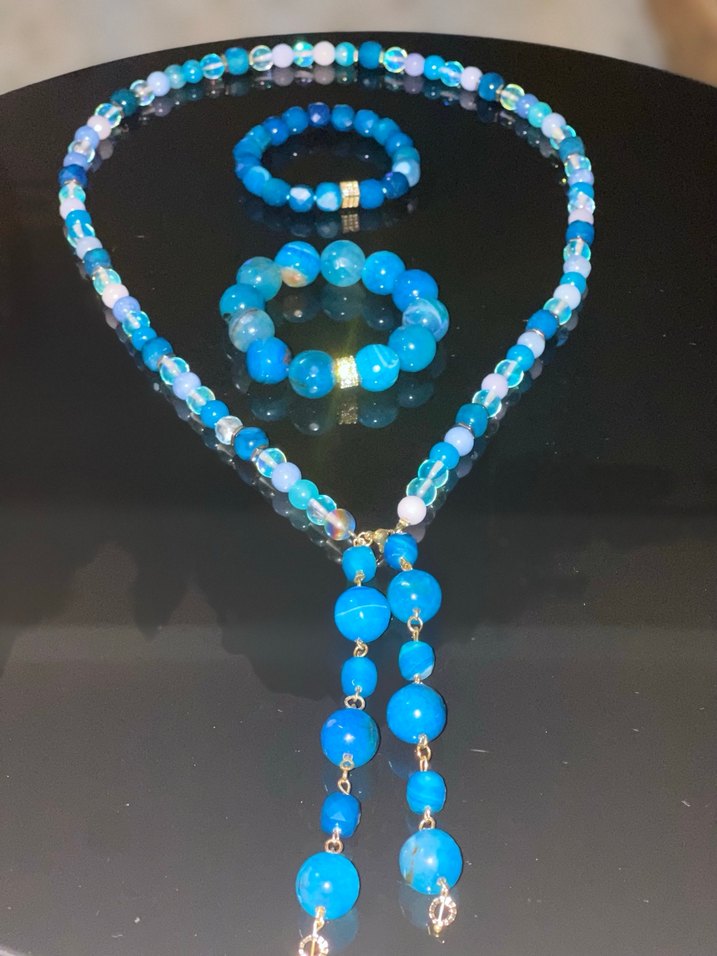 Uzun Turkuaz ve akik Boncuklu Bohem Kadın Kolye - Görsel 2