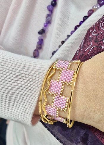 Pembe Nakışlı Boncuklu Kadın Bileklik - Görsel 2