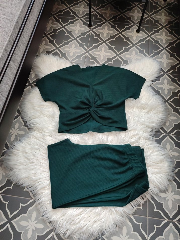 Kadın Yeşil V Yaka bluz pantolon takım - Görsel 3
