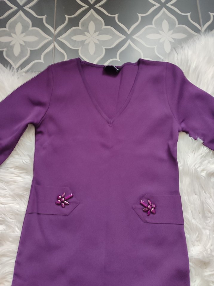 Mor Uzun Kollu Triko Kadın Elbise - Görsel 2