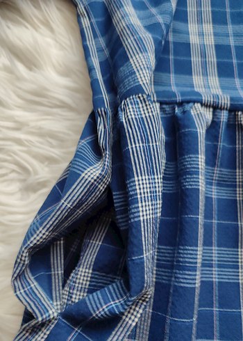 Mavi Ekose Uzun Salaş Kadın Elbise - Görsel 4