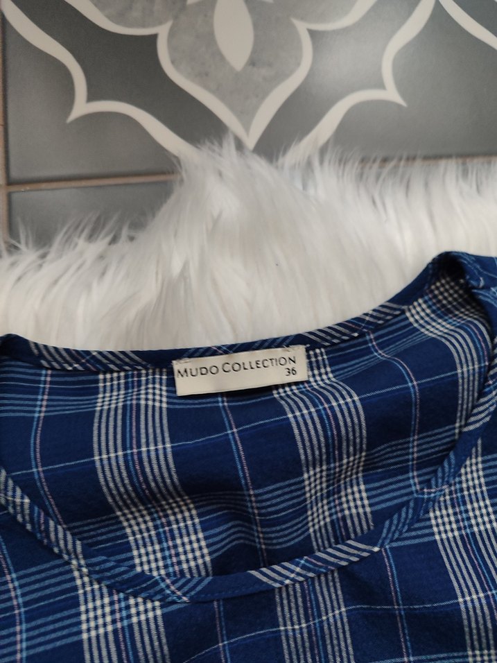 Mavi Ekose Uzun Salaş Kadın Elbise - Görsel 3